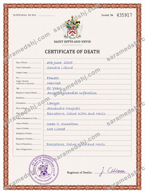 Saint Kitts and Nevis death certificate PSD template